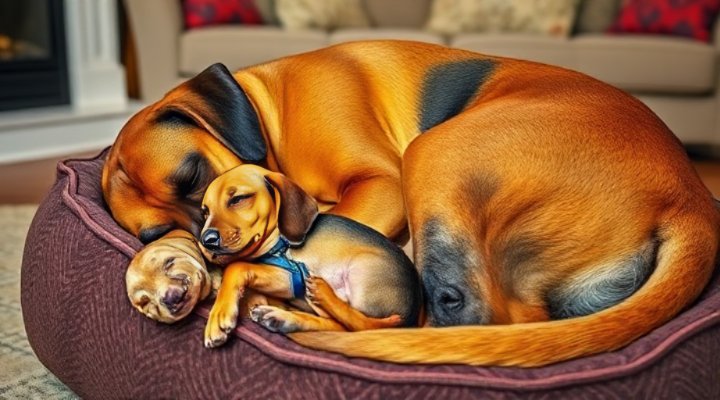 A puppy and adult dog cuddling and sleeping peacefully