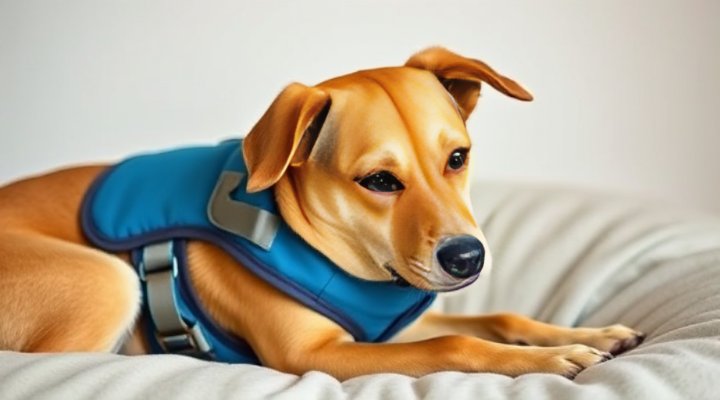 A dog wearing a calming vest to reduce anxiety