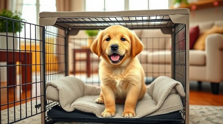 Happy puppy in a comfortable dog crate