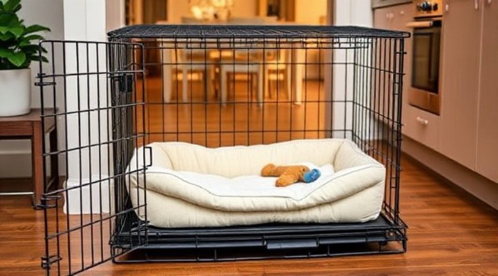 Dog crate with soft bedding for comfort