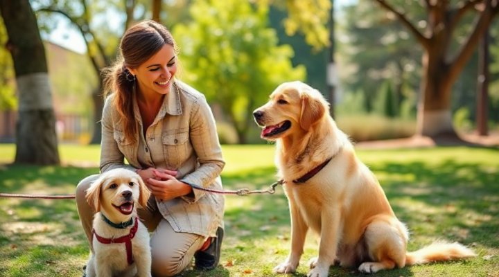 A happy golden retriever sitting next to a professional dog trainer in a park