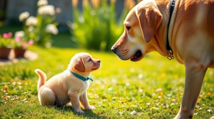 Careful introduction between puppy and adult dog