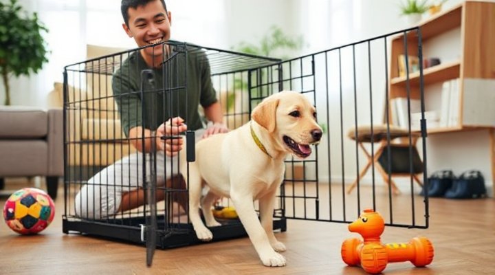 A Labrador puppy learning to enter a crate during training