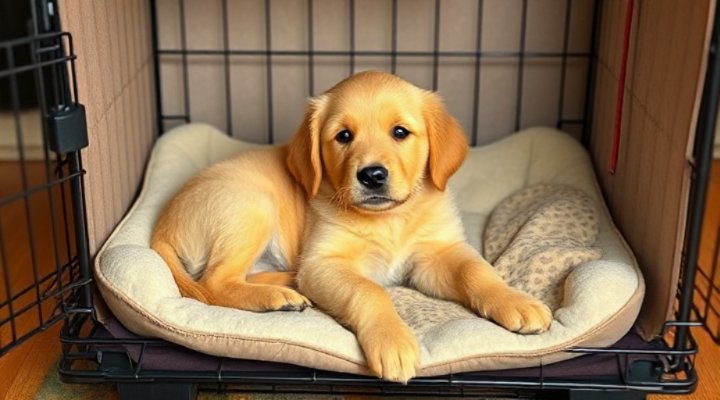 A golden retriever puppy resting in a soft crate