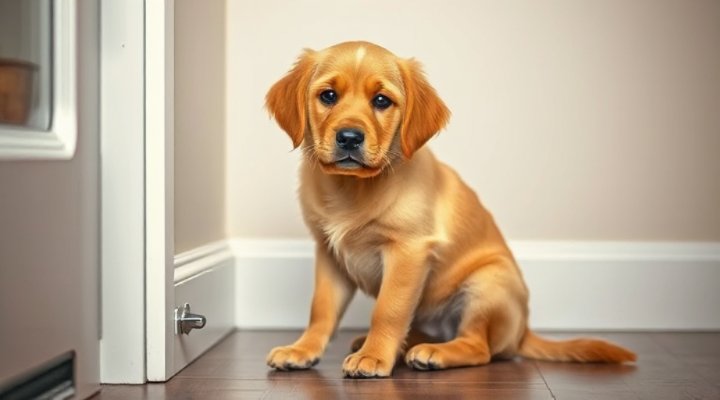 A dog looking anxious with ears back and tail tucked