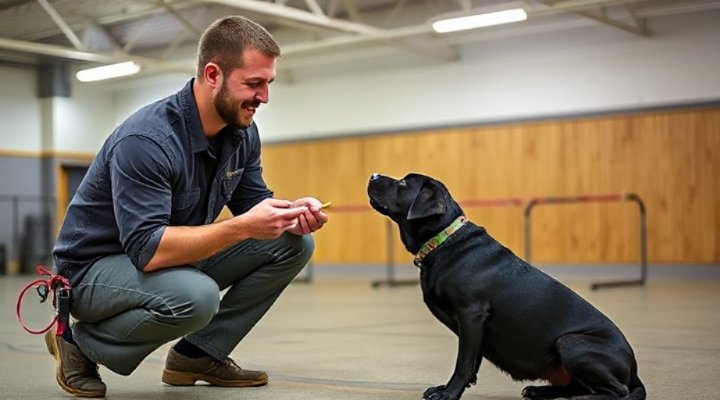 Professional trainer demonstrating positive reinforcement techniques with a Labrador