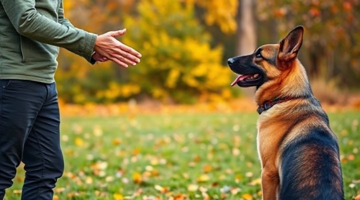 A trainer giving hand signals to an attentive German Shepherd during a training session