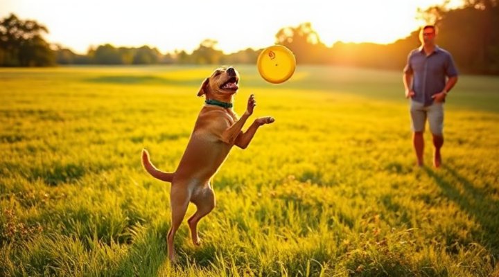 A Labrador retriever playing fetch with its trainer in a grassy field