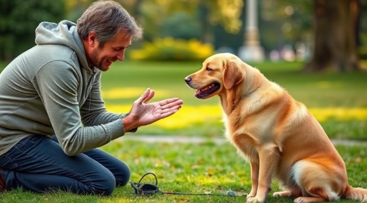 Expert dog trainer using gentle techniques with a golden retriever
