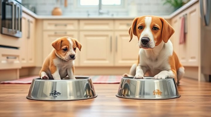 Separate feeding stations for a puppy and an adult dog