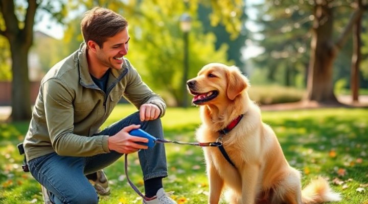 A happy golden retriever sitting next to a smiling trainer in a park