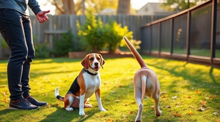 Dog successfully completing an obedience command with trainer