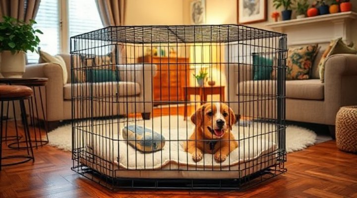 Well-placed dog crate in living room with comfortable bedding