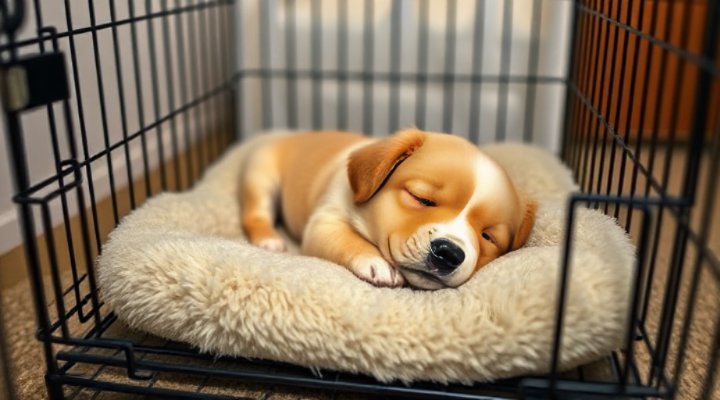 A sleeping puppy in a crate with a soft bed