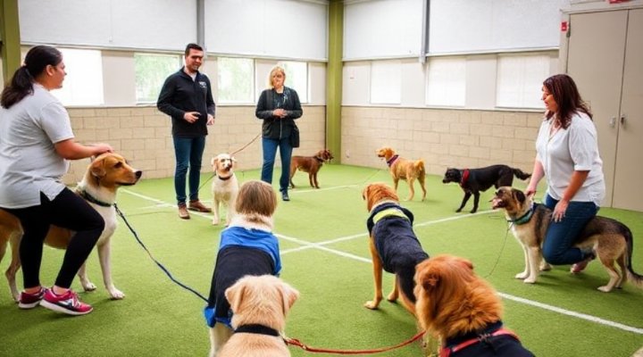 Group training session with multiple dogs and their owners learning together