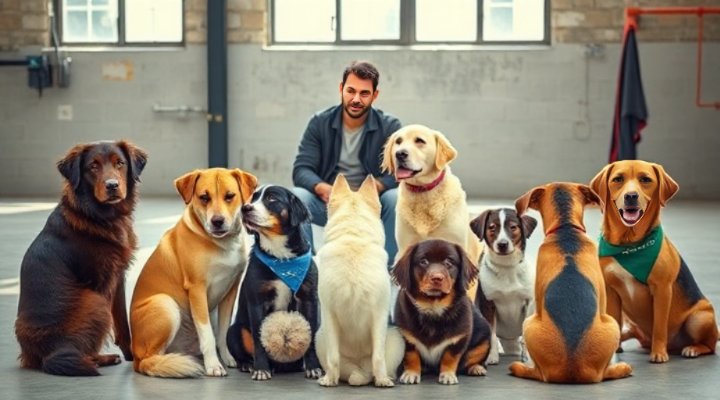 Multiple dogs peacefully gathered around a calm handler