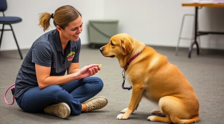 A professional trainer gently working with a shy or nervous dog