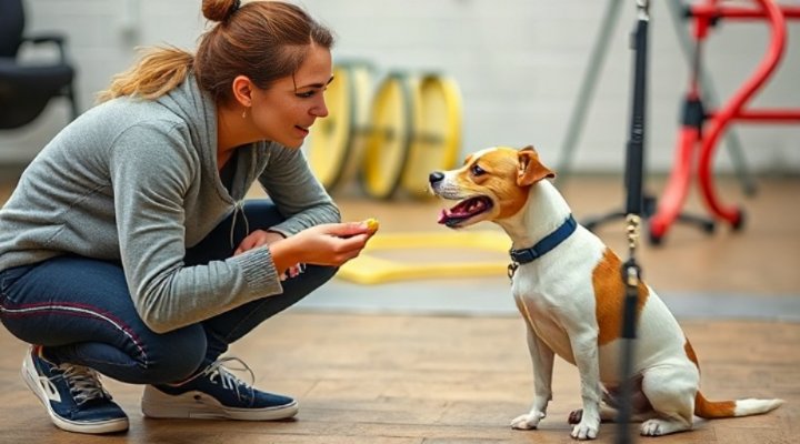A trainer rewarding a small terrier with a treat for good behavior