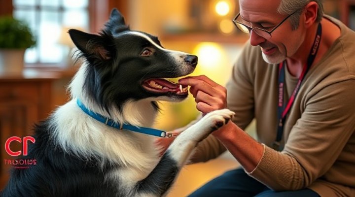 An older Border Collie learning a new trick from its patient trainer