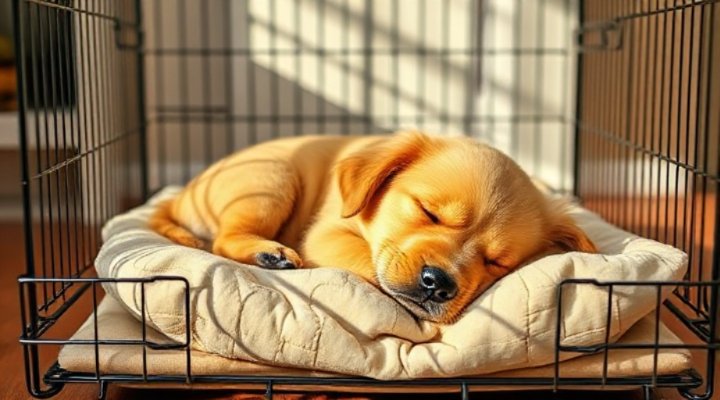 Golden retriever puppy resting comfortably in a properly sized wire crate