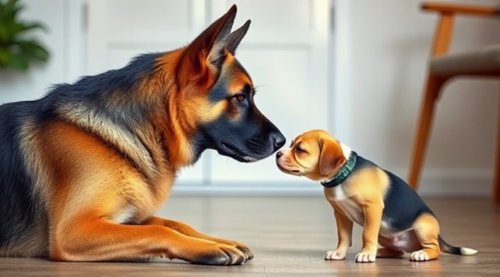 A gentle introduction between a puppy and an adult dog