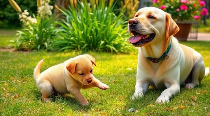 A playful puppy and an adult dog interacting in a garden