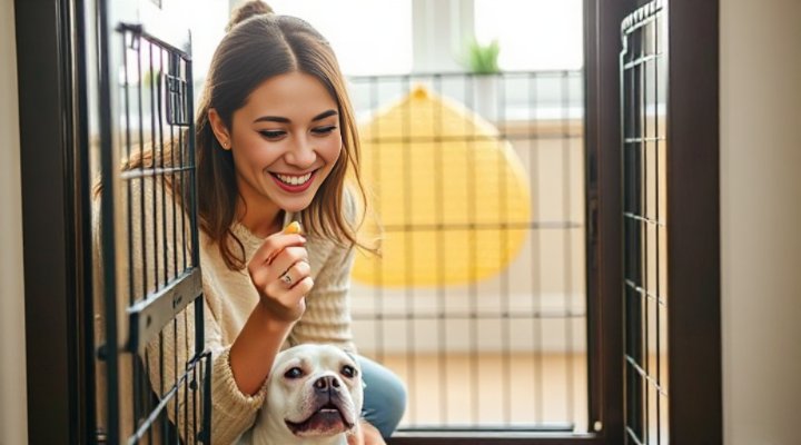 Owner rewarding small dog with treat for entering crate willingly