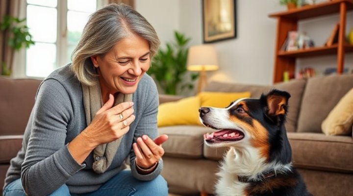 Person practicing dog communication techniques with their pet