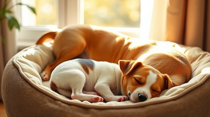Puppy and adult dog resting together