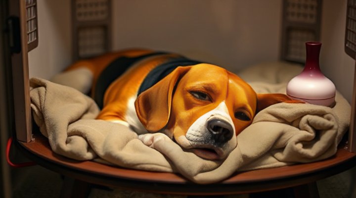 A relaxed dog in a specially designed calming space