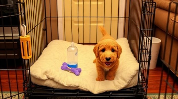 Cozy crate setup with comfortable bedding and toys for puppy training