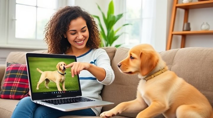 A woman happily training her dog at home using an online dog training program