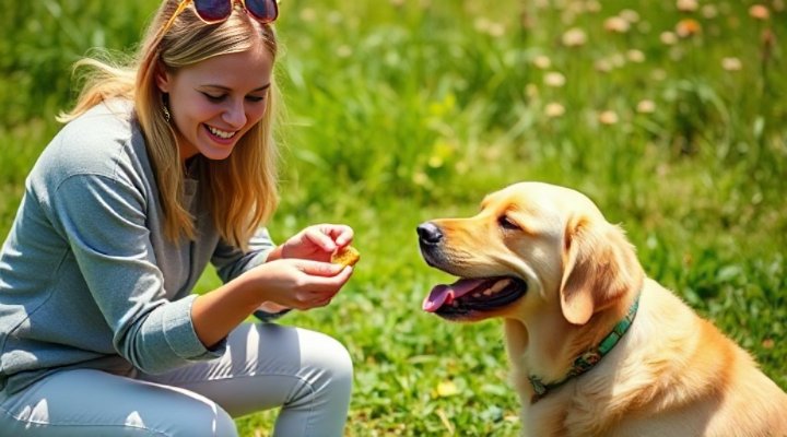 A smiling woman training her golden retriever in a park
