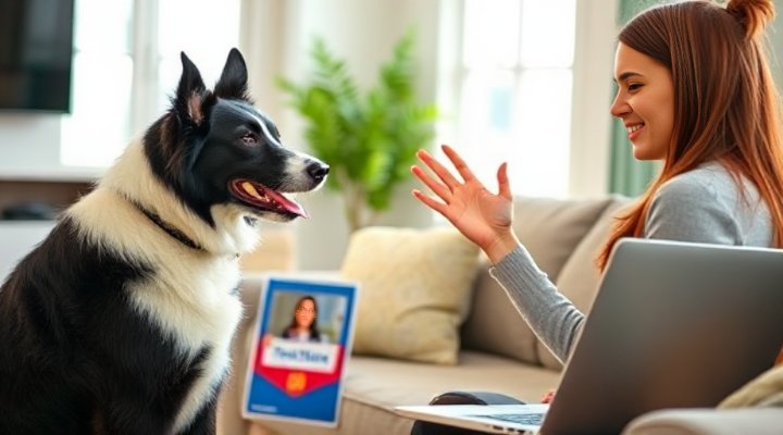 Young woman teaching her border collie to sit during virtual training session