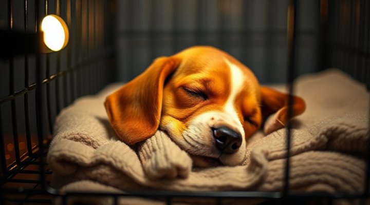Dog sleeping in crate at night