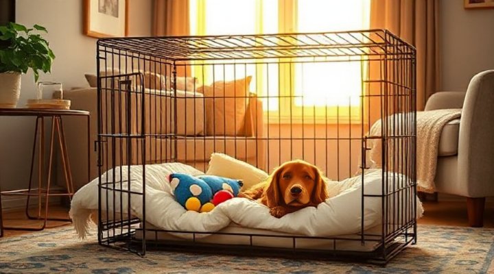 Cozy dog crate with comfortable bedding