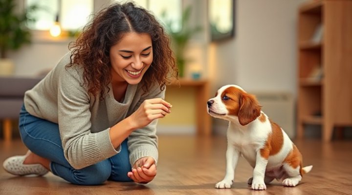 Woman rewarding small puppy with treat for good behavior