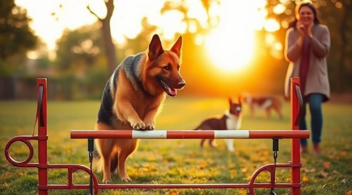 Older dog successfully completing an agility obstacle