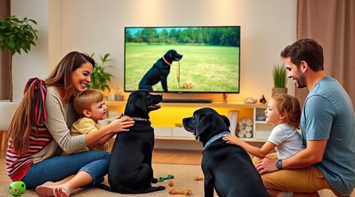A family enjoying online dog training session with their Labrador retriever