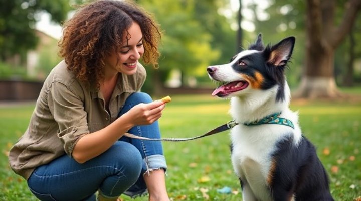 Woman rewarding her dog with treats during training