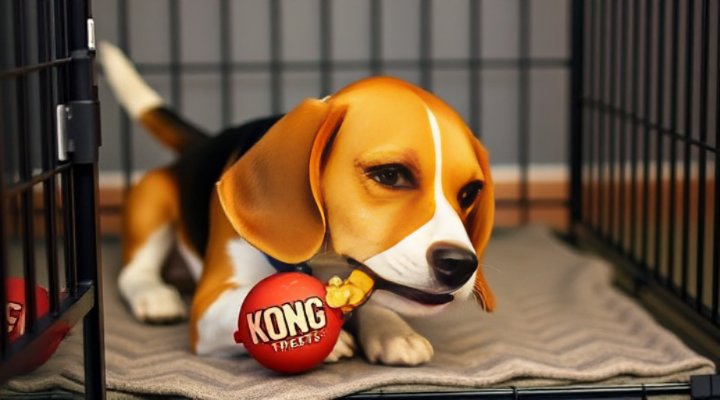 Beagle happily chewing a toy in its crate