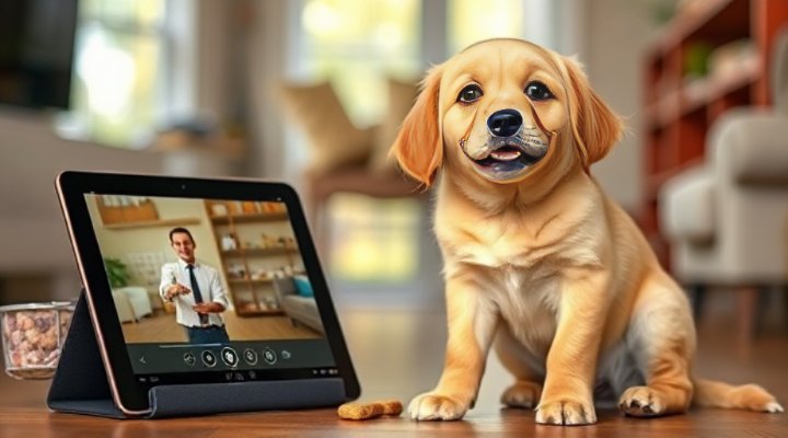 Golden retriever puppy watching online training video on tablet