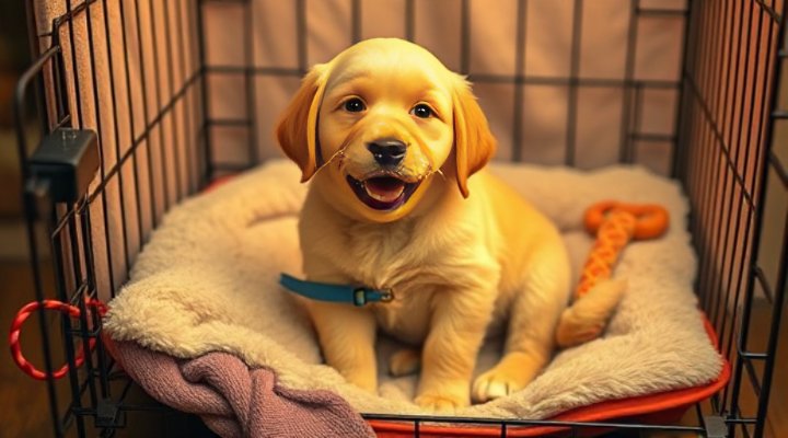 Golden retriever puppy in a crate