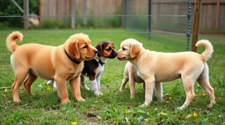Group of puppies playing together in supervised socialization session