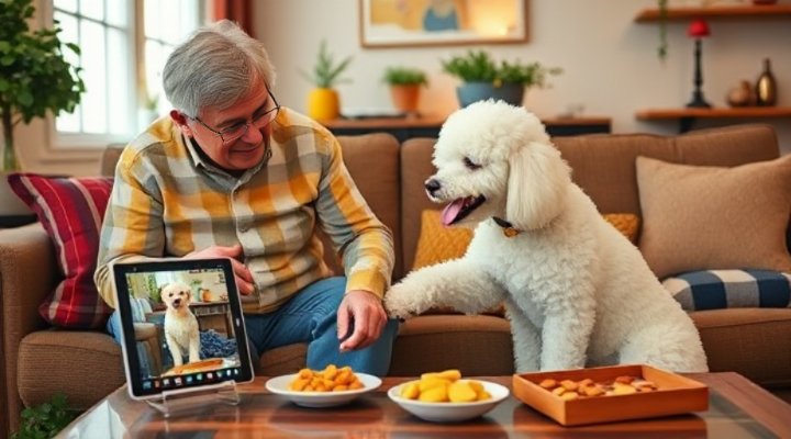 Elderly couple laughing while their poodle learns tricks via online class