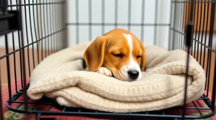 A small puppy resting comfortably in a crate