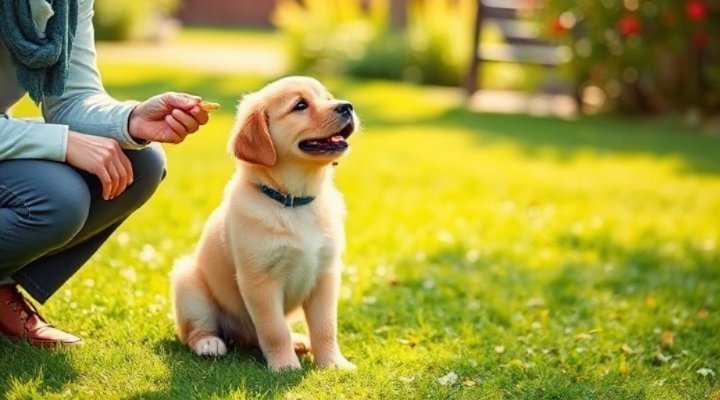 Golden retriever puppy sitting and responding to training commands