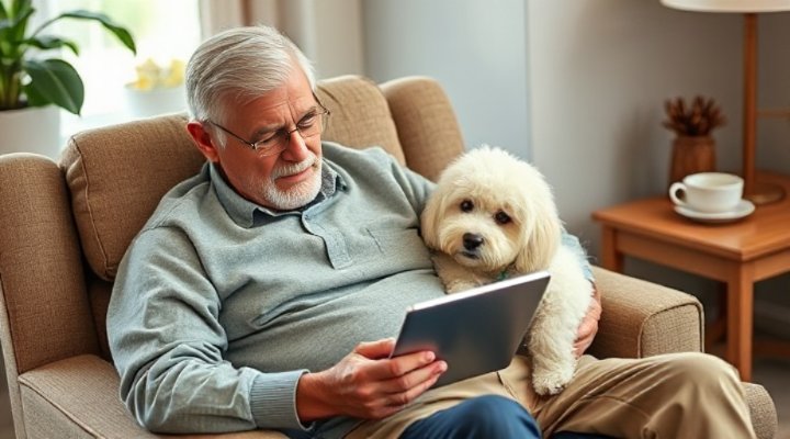 An elderly man successfully training his small dog through online lessons