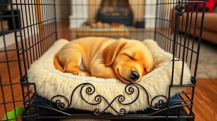 A golden retriever puppy happily resting in a comfortable crate