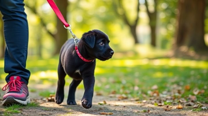 Small puppy walking on leash with owner in park setting